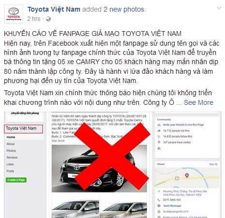 Toyota Việt Nam “cảnh báo” về fanpage giả mạo trên Facebook