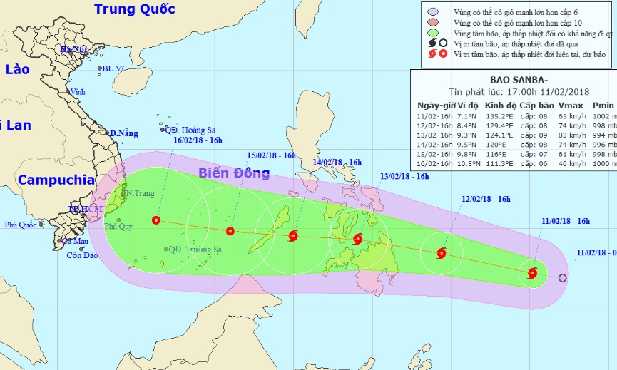Xuất hiện bão Sanba gần biển Đông