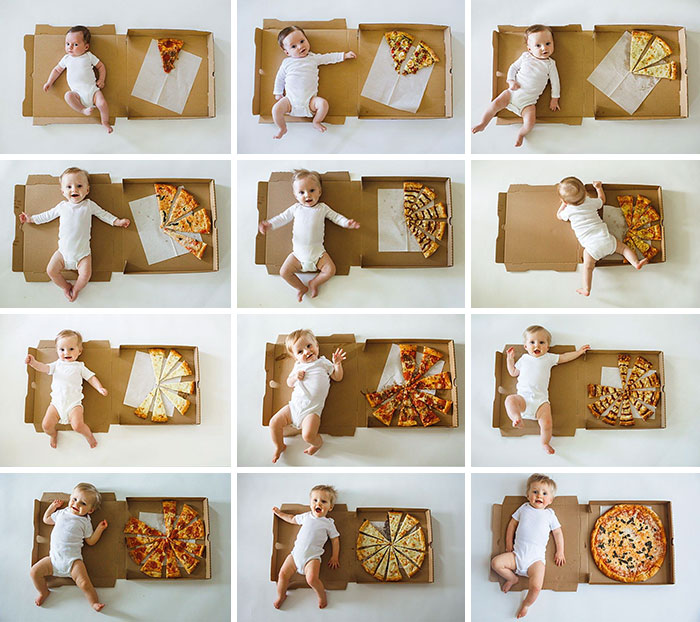 Bà mẹ vui tính đo hành trình 1 năm tuổi của con bằng… hộp Pizza